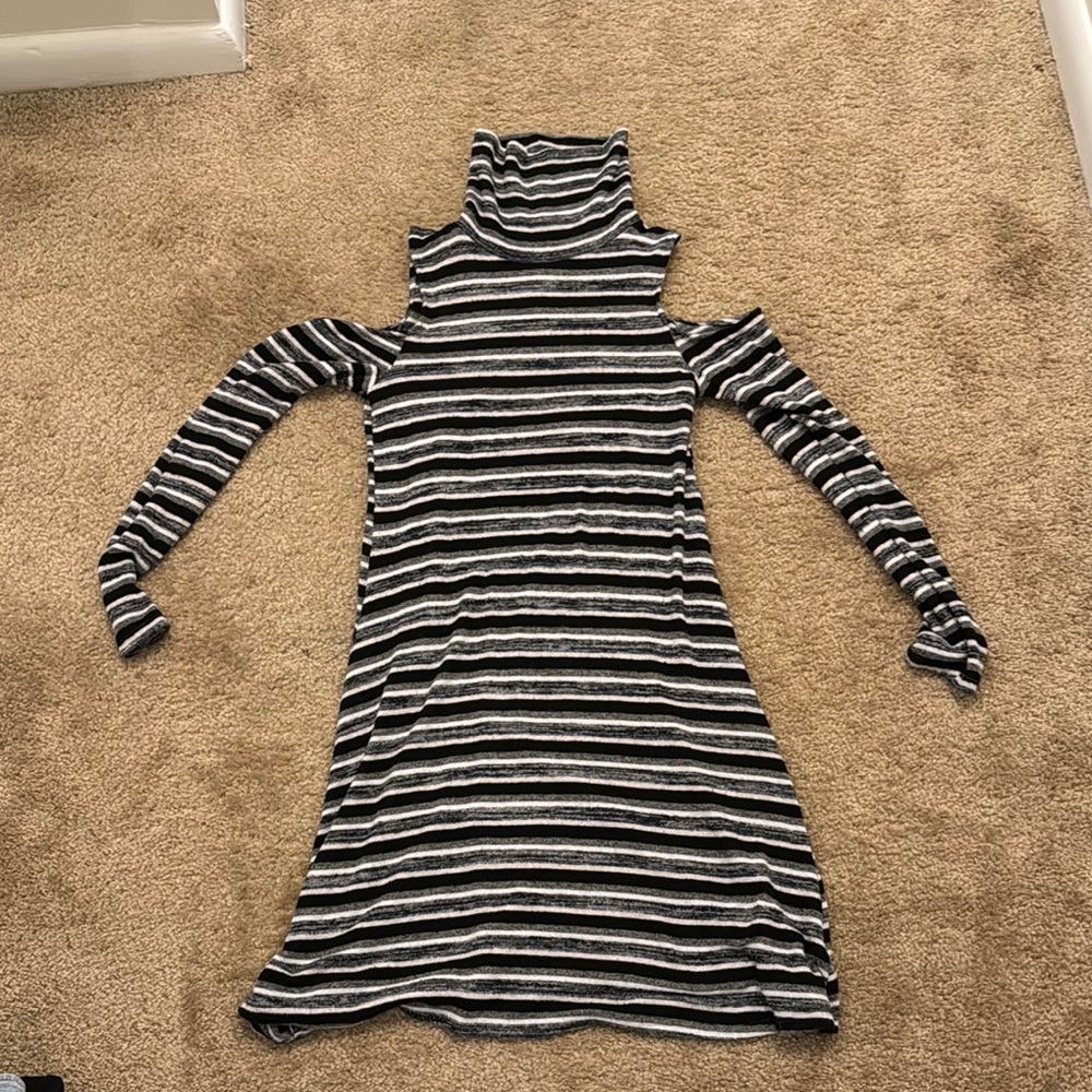Striped Cold Shoulder Turtleneck Dress